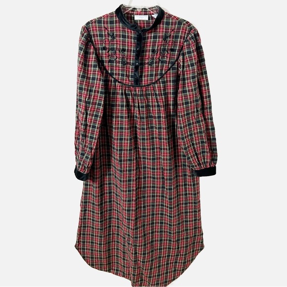 Vintage Erica Taylor Petite Cotton Plaid Flannel Nightgown Shirt Tail Hem❤️🖤💚 - Picture 1 of 12